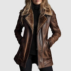 Samara - Women's Leather Jacket with Shearling Fur Collar & Zip Front