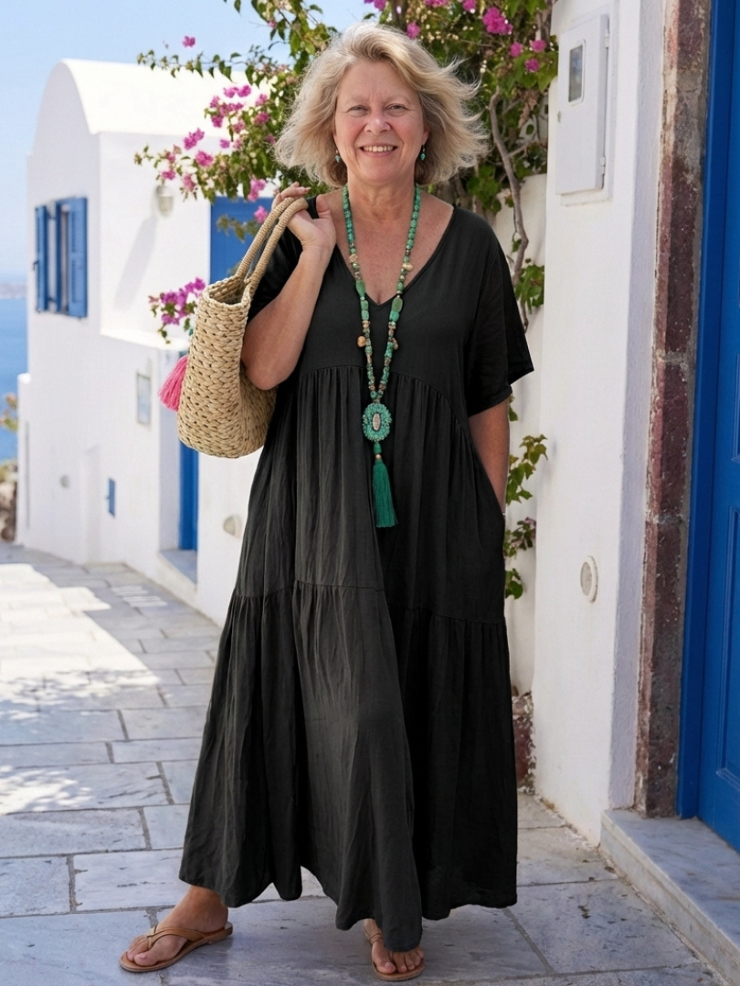 Zinnia | Vestido maxi azul em camadas, de manga curta