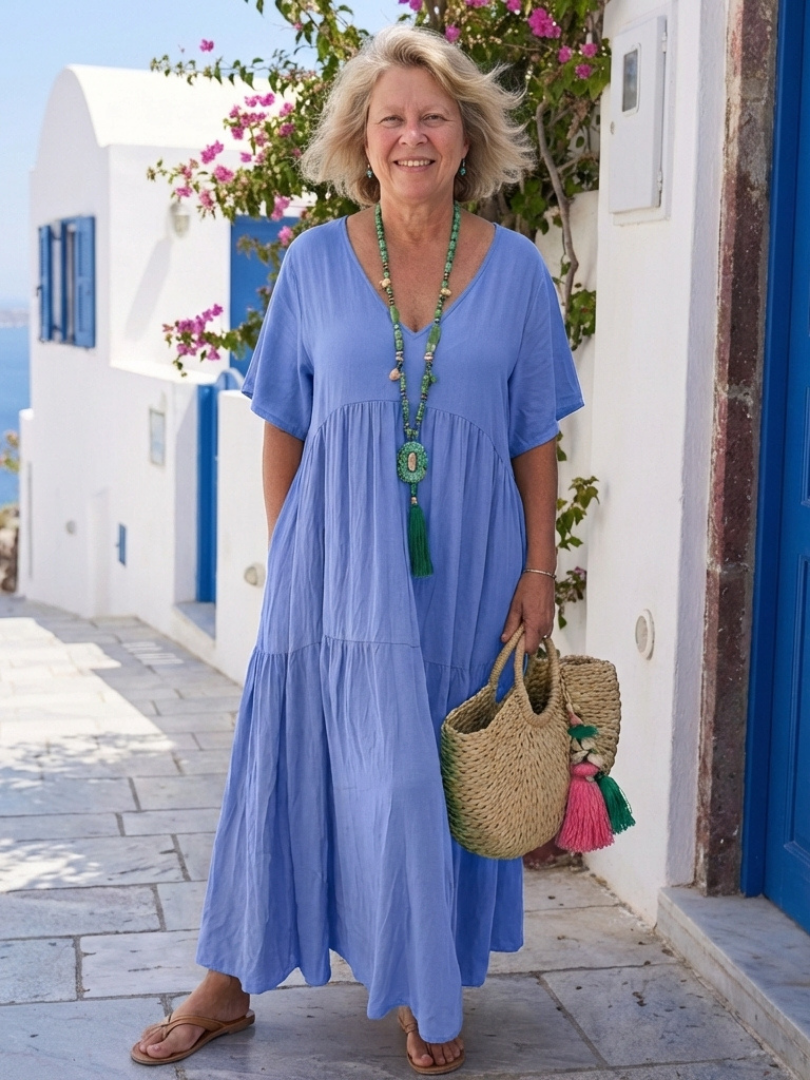 Zinnia | Vestido maxi azul em camadas, de manga curta