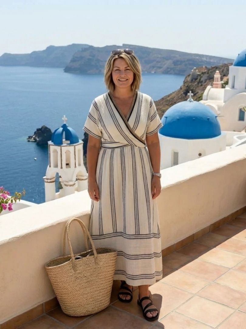 Thalassa | Vestido midi com decote em V, mangas curtas e cintura transpassada