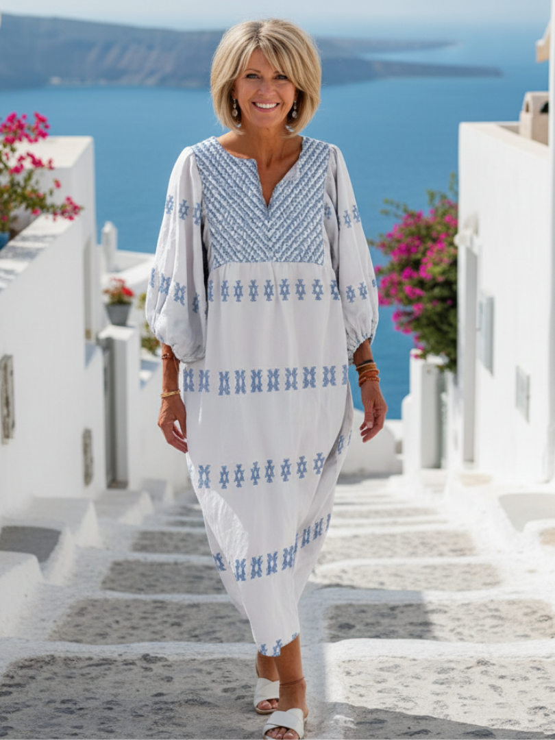 Evadne | Vestido maxi bordado, decote em V e manga comprida