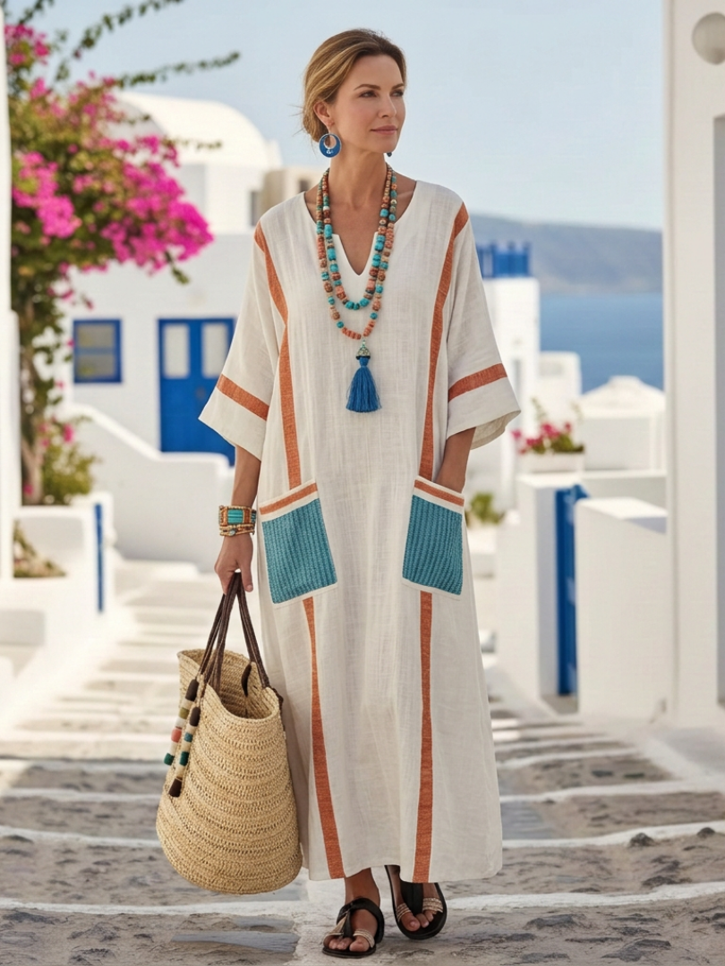 Noemi | Vestido maxi com bolsos, decote em V e manga a meio do braço