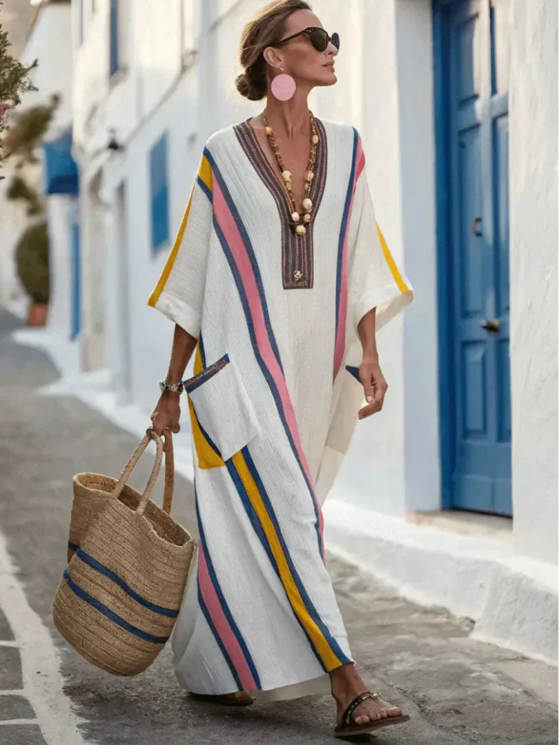 Noemi | Vestido maxi com bolsos, decote em V e manga a meio do braço
