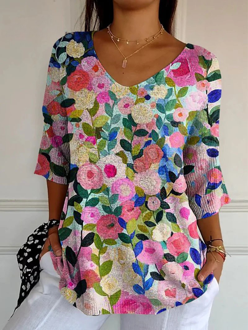 Suéter informal de punto para mujer con estampado colorido de jardín floral primaveral