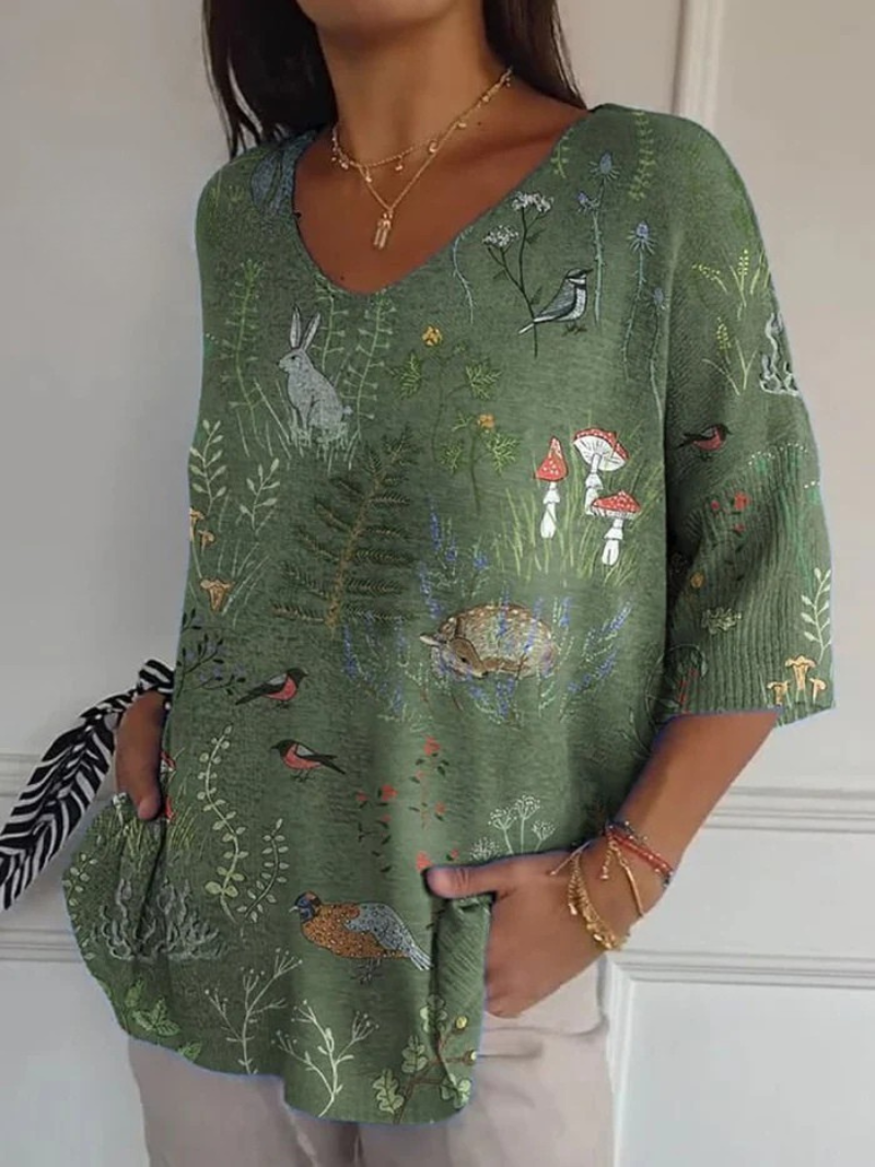 Suéter informal de punto para mujer con estampado repetido de animales y bosque