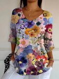 Suéter informal de punto para mujer con estampado artístico floral encantador vintage