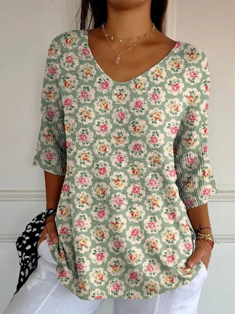 Pulôver casual de tricô feminino com estampa artística floral étnica vintage