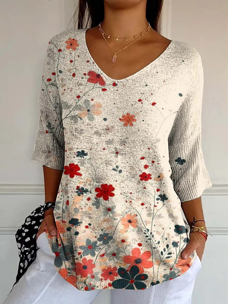 Camisola de malha casual para mulher com padrão floral vintage impresso