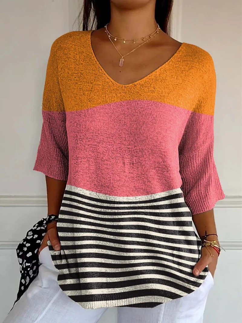 Suéter informal de punto para mujer con estampado artístico de patrón de líneas abstractas