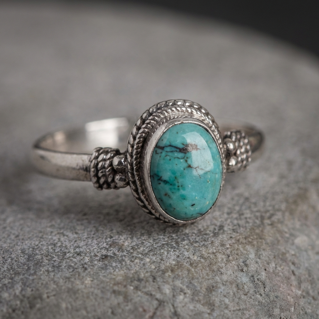 Anillo vintage bohemio redondo de plata con turquesa