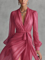 Beatrice | Vestido largo elegante de gasa con escote en V y cintura anudada