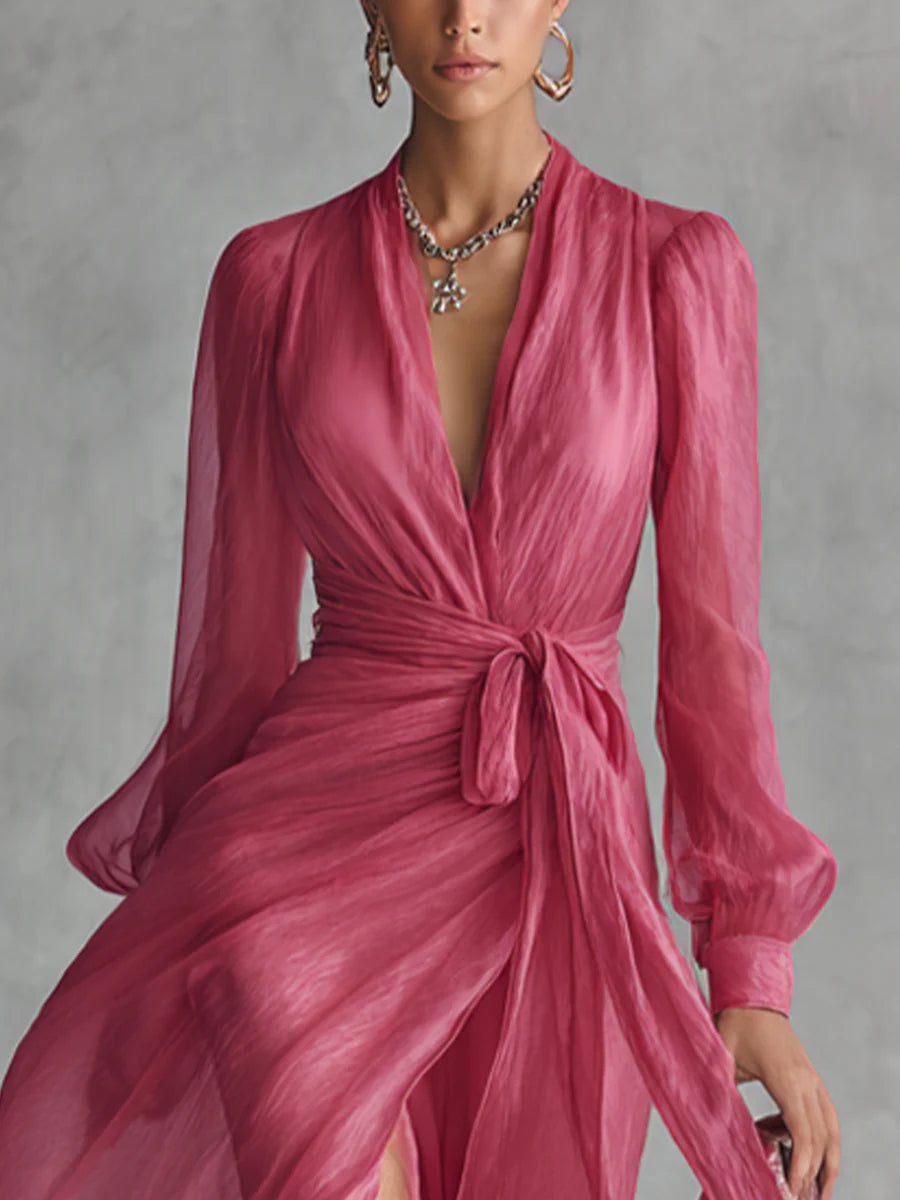 Beatrice | Vestido largo elegante de gasa con escote en V y cintura anudada