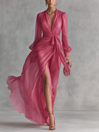 Beatrice | Vestido largo elegante de gasa con escote en V y cintura anudada