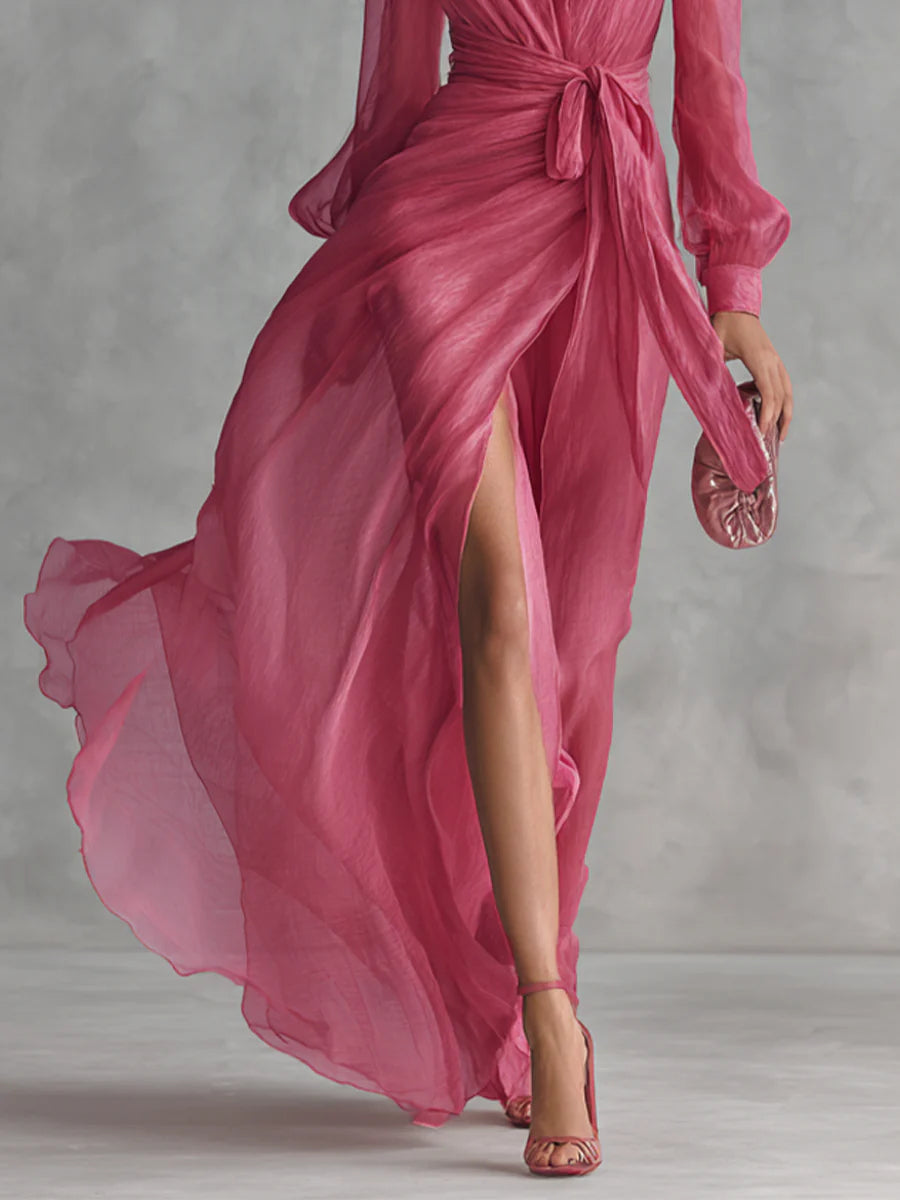 Beatrice | Vestido largo elegante de gasa con escote en V y cintura anudada