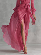 Beatrice | Vestido largo elegante de gasa con escote en V y cintura anudada