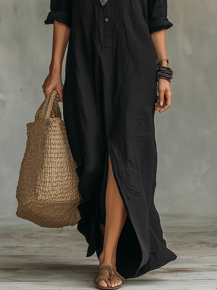 Soline™ | vestido largo negro extragrande con botones