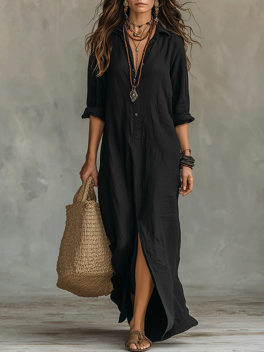 Soline™ | vestido largo negro extragrande con botones