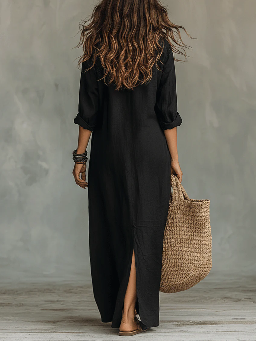 Soline™ | vestido largo negro extragrande con botones