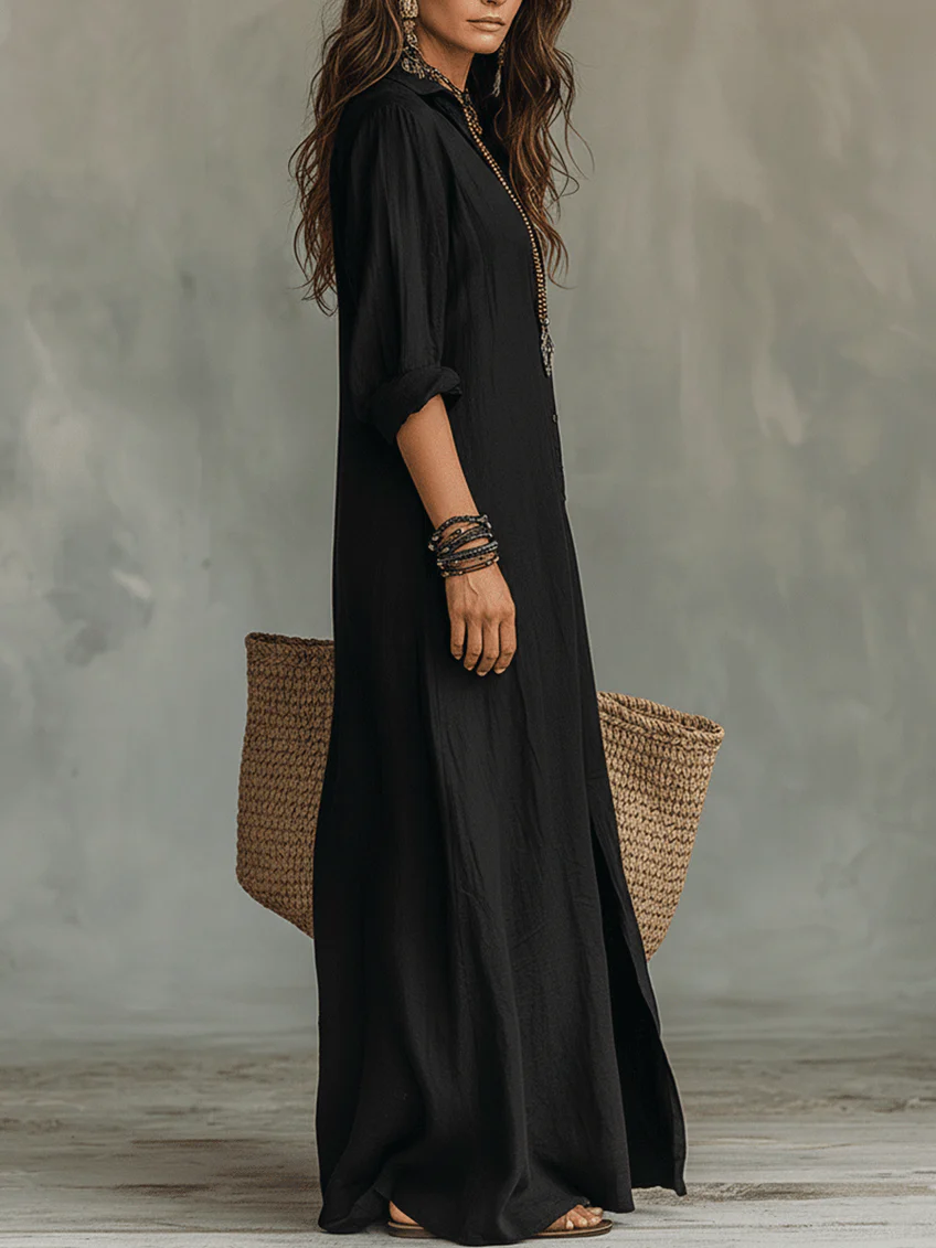 Soline™ | vestido largo negro extragrande con botones