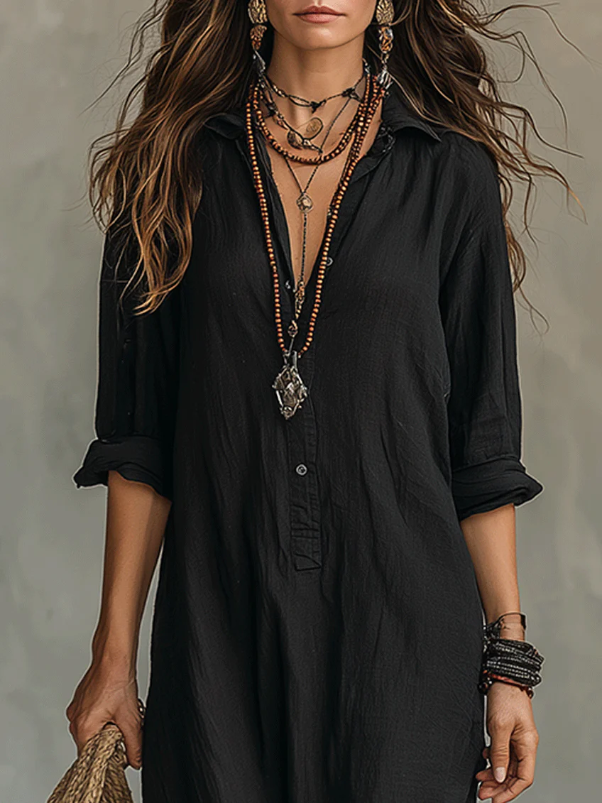 Soline™ | vestido largo negro extragrande con botones