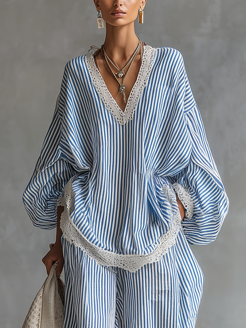 Conjunto de dos piezas a rayas azul Sofia