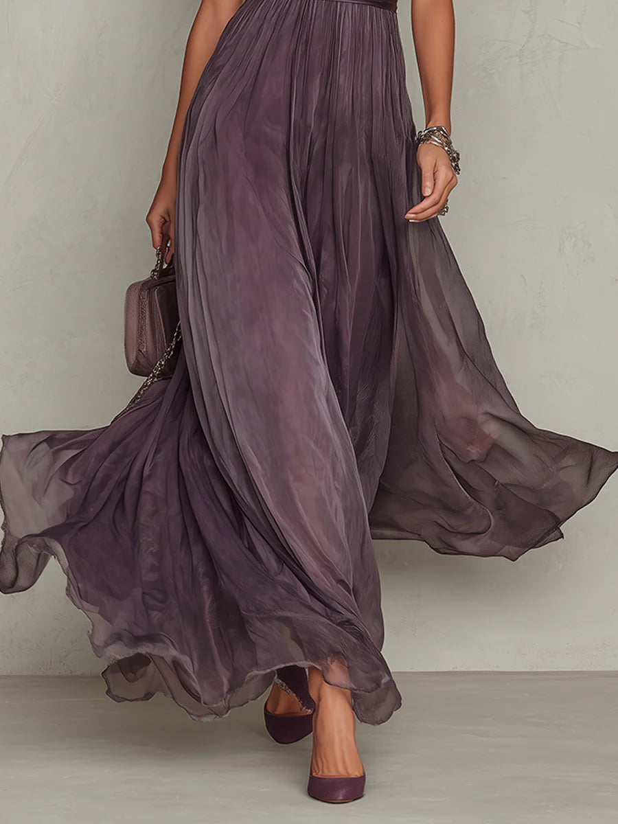 Flavia | Vestido comprido roxo com decote gota e acabamento em renda de chiffon