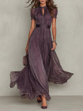 Flavia | Vestido comprido roxo com decote gota e acabamento em renda de chiffon