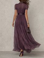Flavia | Elegante vestido largo morado con escote en lágrima y encaje