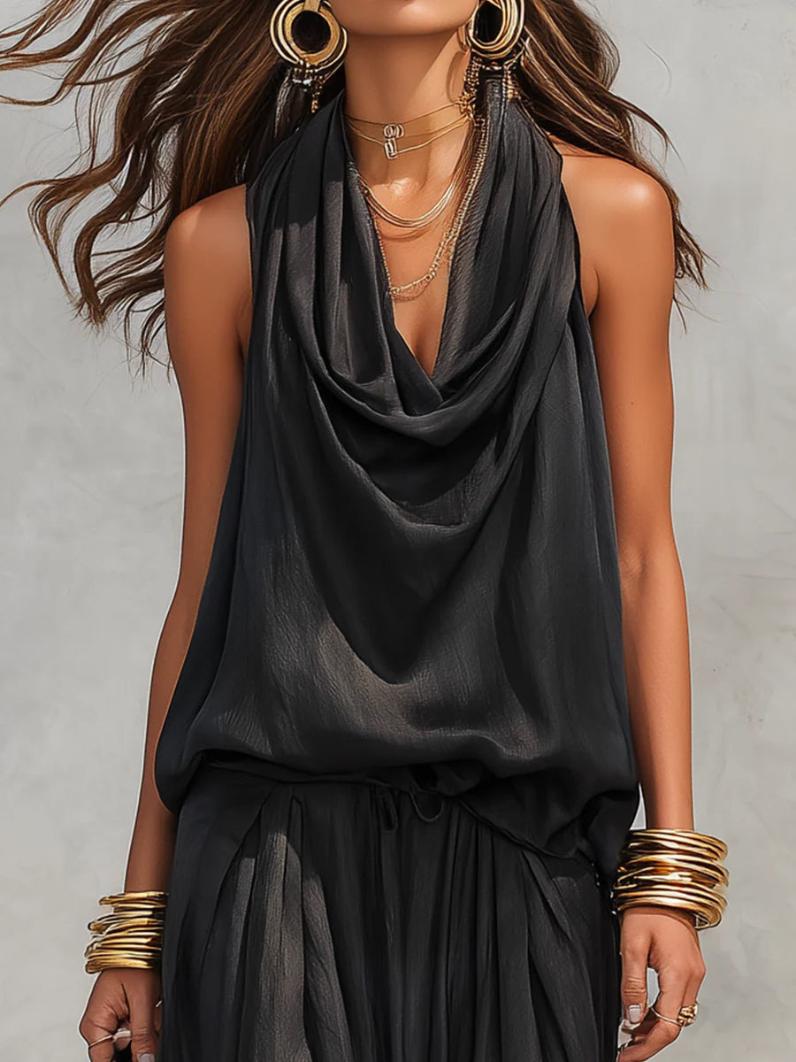 Serena Conjunto de top con cuello halter y pantalones plisados