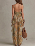 Conjunto de camisola de gasa con volantes y pantalones de pierna ancha Sienna