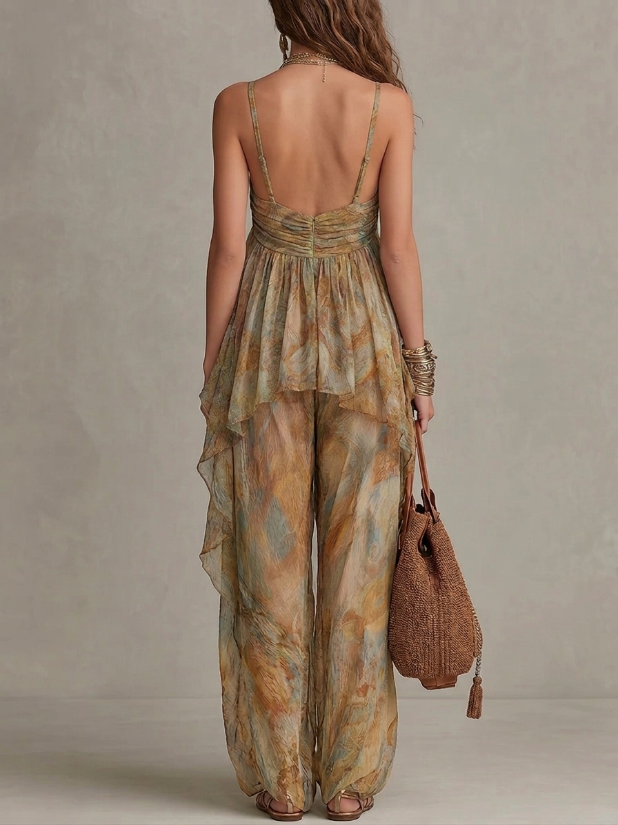 Conjunto de camisola de gasa con volantes y pantalones de pierna ancha Sienna