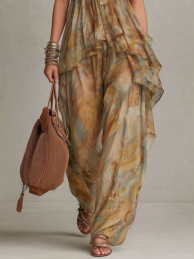 Conjunto de camisola de gasa con volantes y pantalones de pierna ancha Sienna