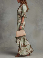 Anastasia | Long Satin Dress with Floral Print