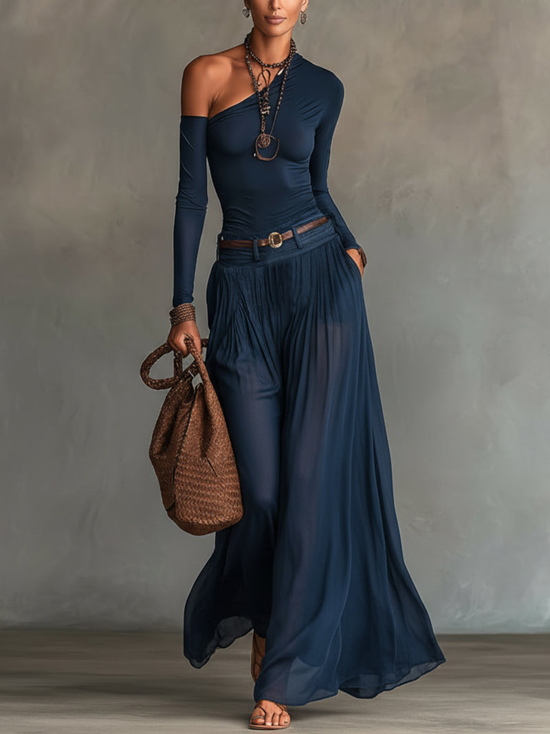 Conjunto de top de un hombro y falda de tul Celeste