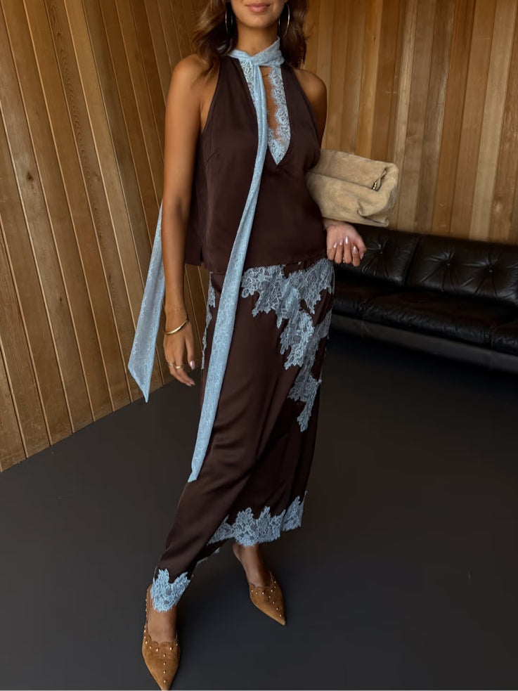 Conjunto de top con panel de encaje y falda Isabella