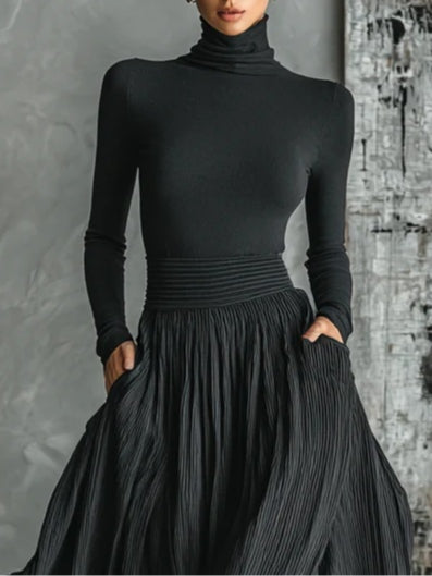 Conjunto completamente negro de cuello alto y falda plisada Samantha