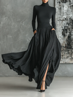 Conjunto Samantha todo preto de camisola de gola alta e saia plissada