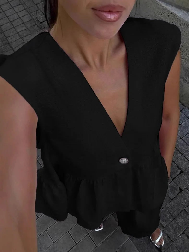 Traje de dos piezas con volantes y cuello de pico Lila
