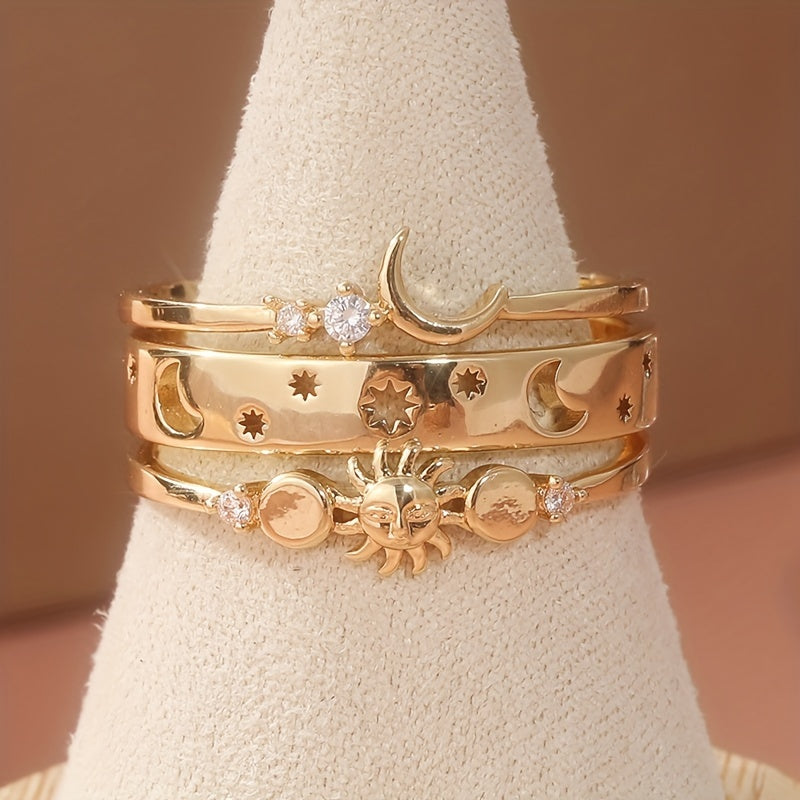 Set de anillos apilables vintage de media luna con circonitas incrustadas
