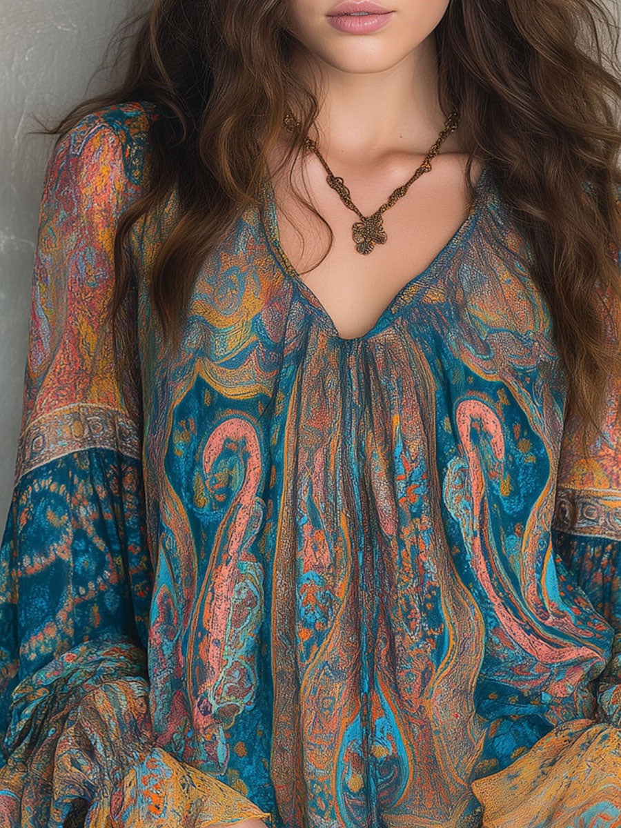 Sara™ | Blusa bohemia de gasa en verde azulado y ámbar con estampado de cachemira y puños con volantes