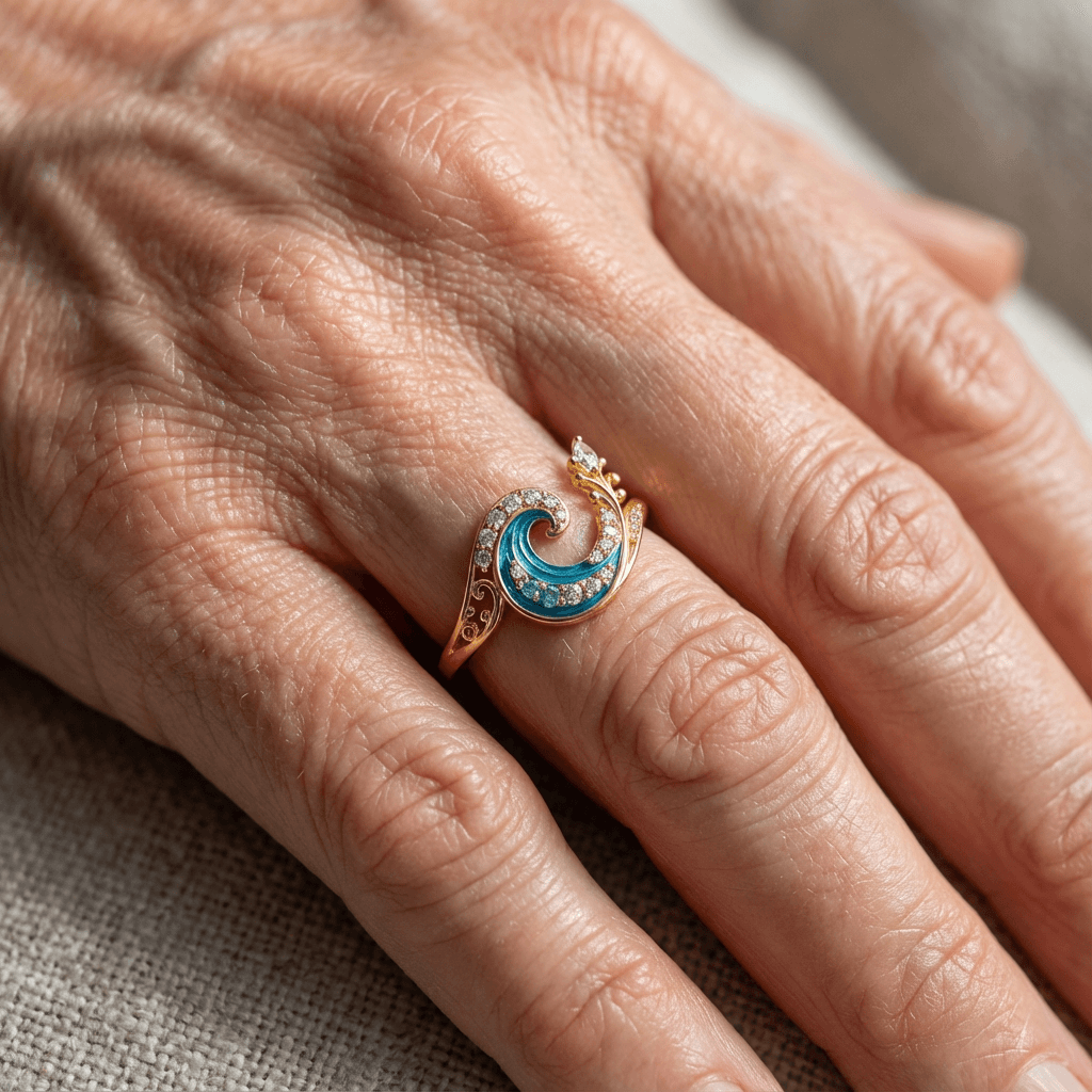 Anillo de ola del océano en oro con cristal azul