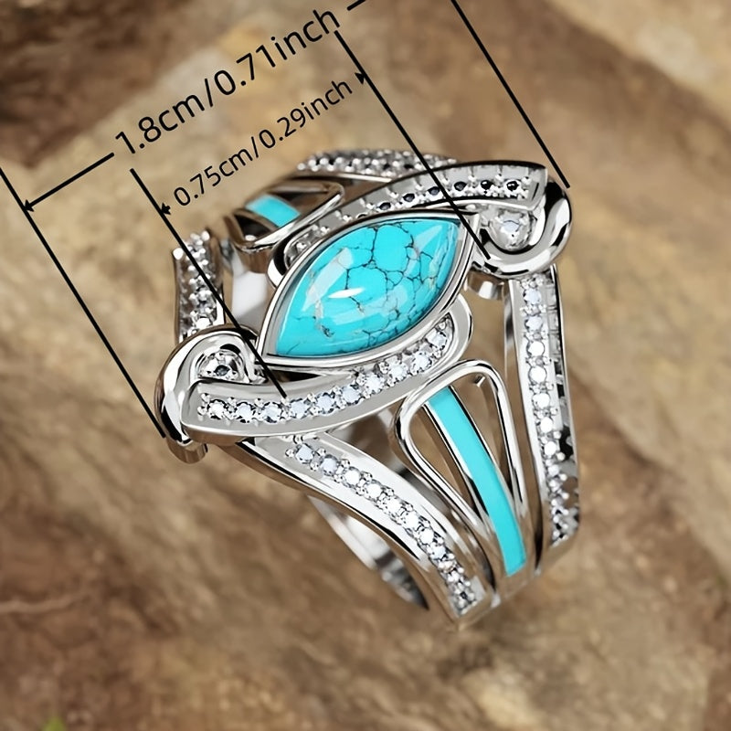 Elegante anillo bohemio de turquesa con baño de oro blanco