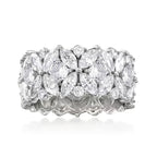 Anel largo e elegante de diamante com conjunto floral de zircónias