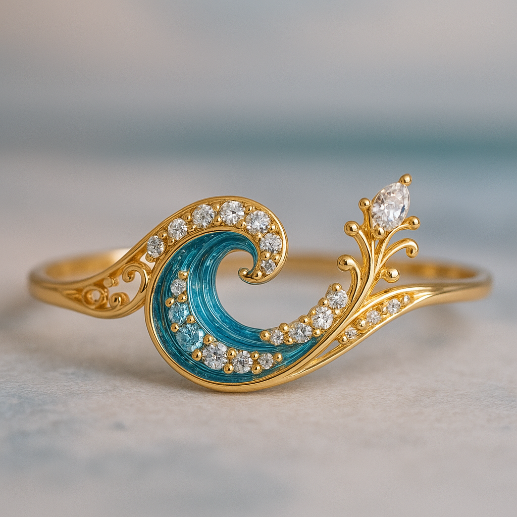 Anillo de ola del océano en oro con cristal azul
