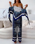Conjunto de chaleco con cordones y pantalones estampados Lila