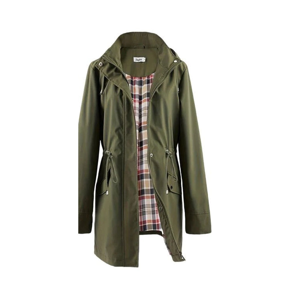 Green Bennett and Lowe Lauren waterproof 3-in-1 rain coat for women with a detachable hood, shown in a stylish outdoor setting.