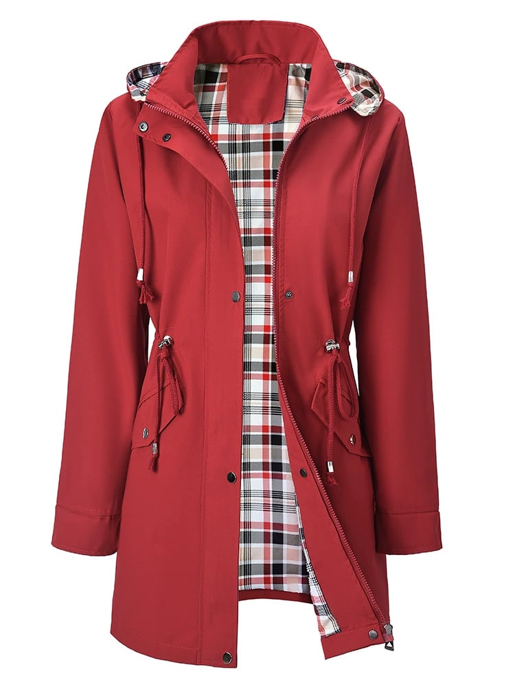 Bennett and Lowe Lauren waterproof 3-in-1 women's rain coat with detachable hood, shown in vibrant red, outdoor weather-ready jacket.