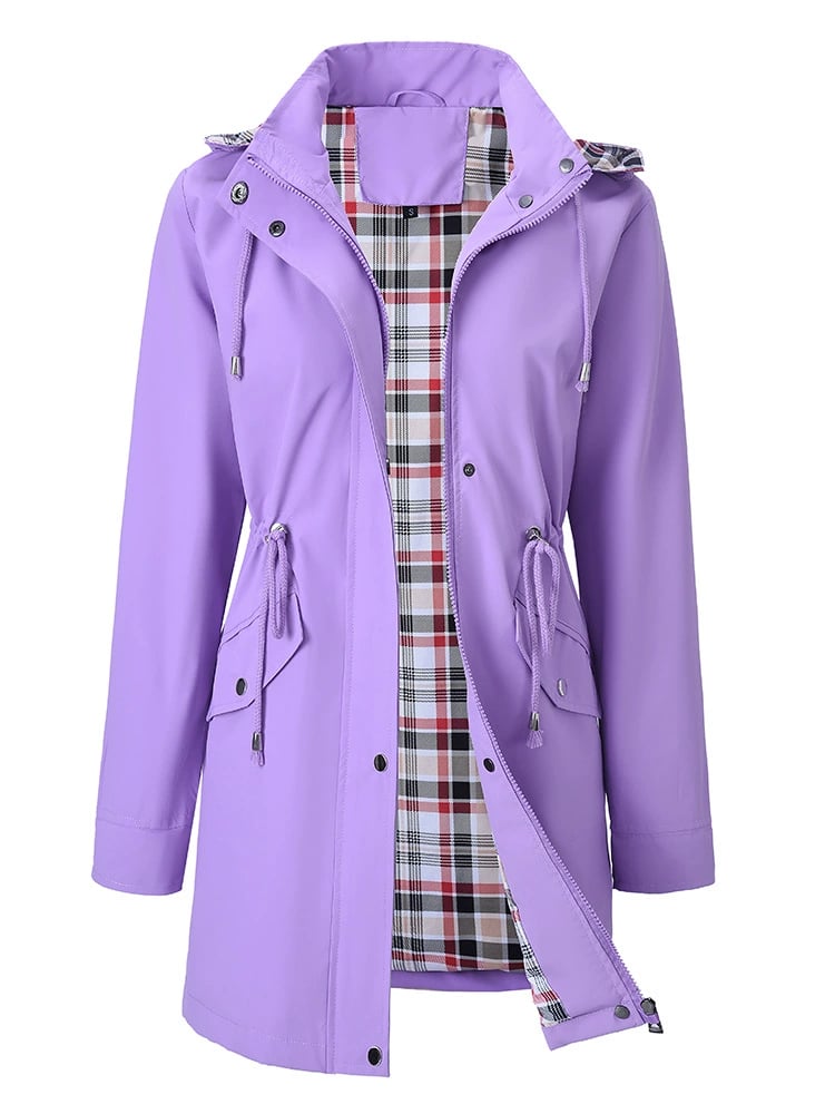 Purple waterproof 3-in-1 rain coat for women with detachable hood by Bennett and Lowe, shown on a model.