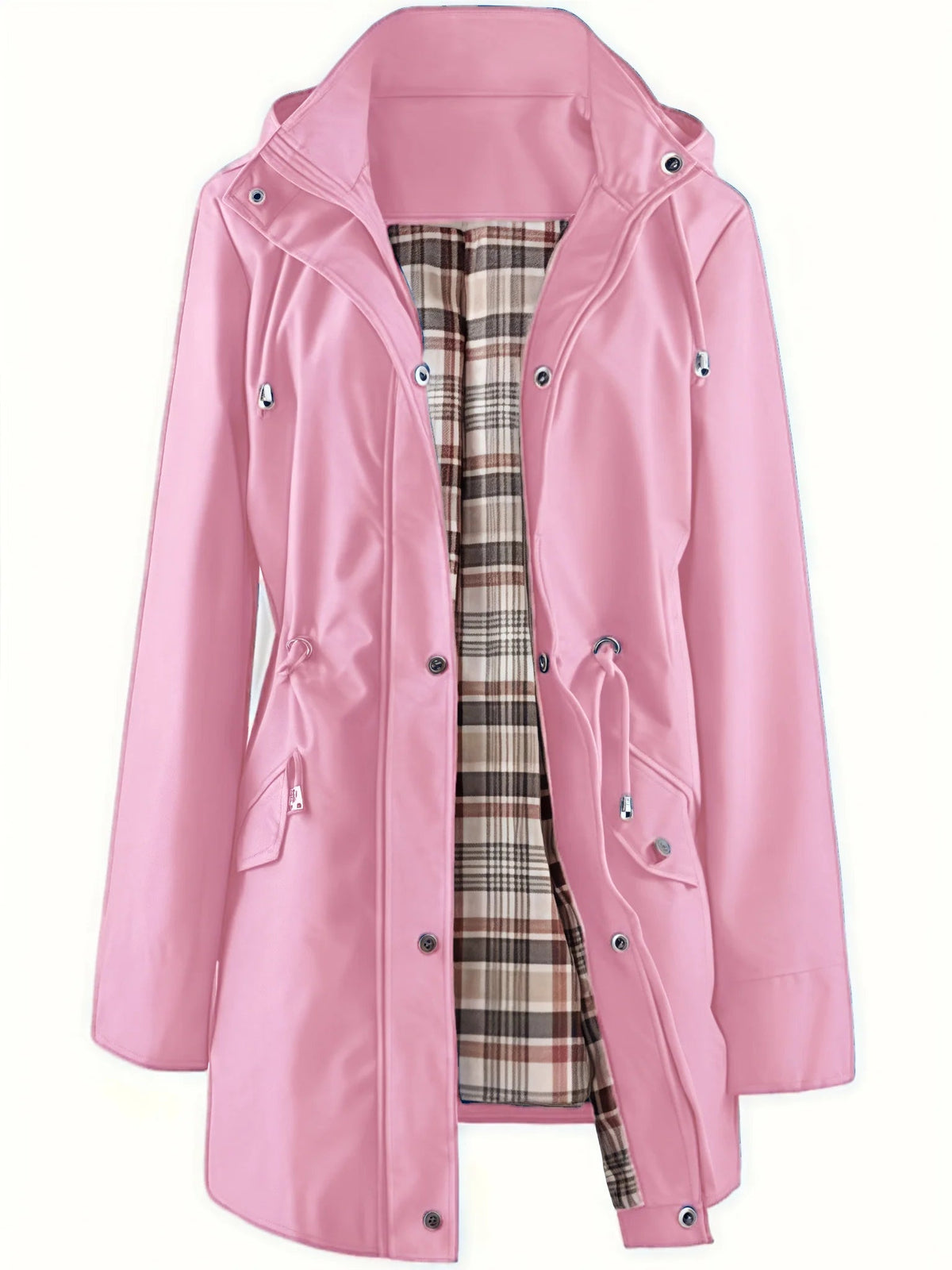 Pink waterproof 3-in-1 rain coat for women by Bennett and Lowe, featuring a detachable hood and stylish design.