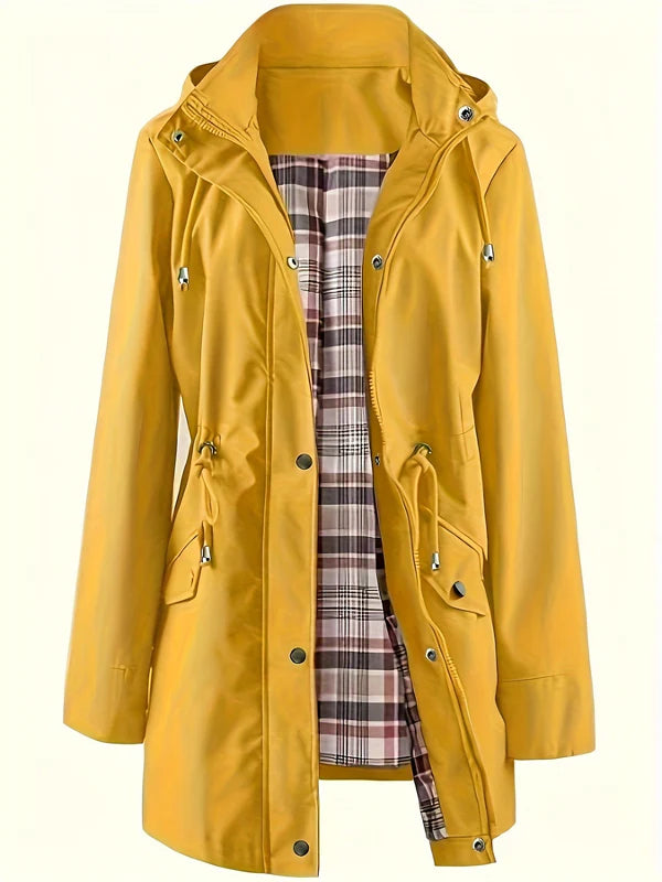 Yellow waterproof 3-in-1 raincoat for women by Bennett and Lowe, featuring a detachable hood and versatile jacket design.
